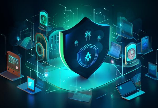 Một chiếc khiên kỹ thuật số phát sáng đại diện cho Tường lửa thế hệ mới (NGFW) đang bảo vệ mạng lưới thiết bị của doanh nghiệp.