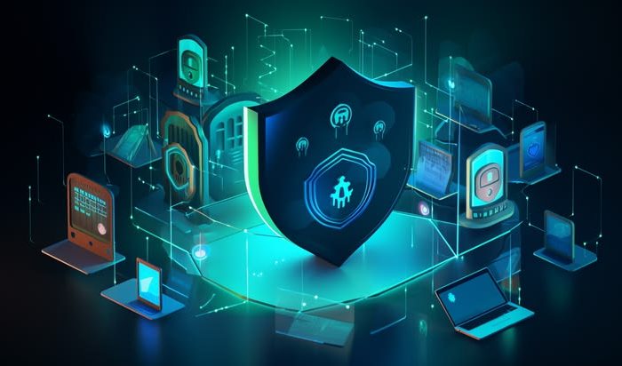 Một chiếc khiên kỹ thuật số phát sáng đại diện cho Tường lửa thế hệ mới (NGFW) đang bảo vệ mạng lưới thiết bị của doanh nghiệp.