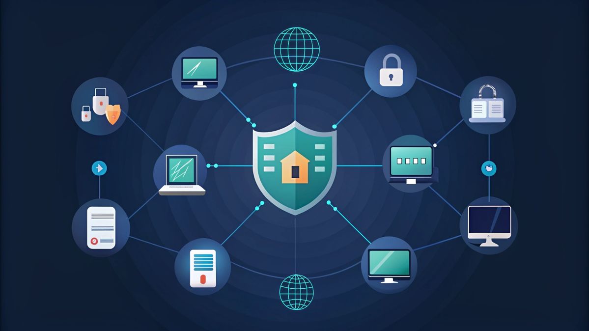 Network diagram illustrating a central Next Generation Firewall (NGFW) shield protecting interconnected enterprise devices and data.
